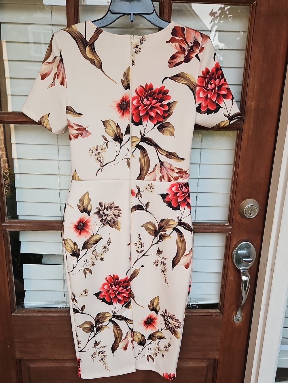 Asos Floral Fall Print Scuba Sheath Dress with Short Sleeves - Blush/Pink - Picture 4 of 5